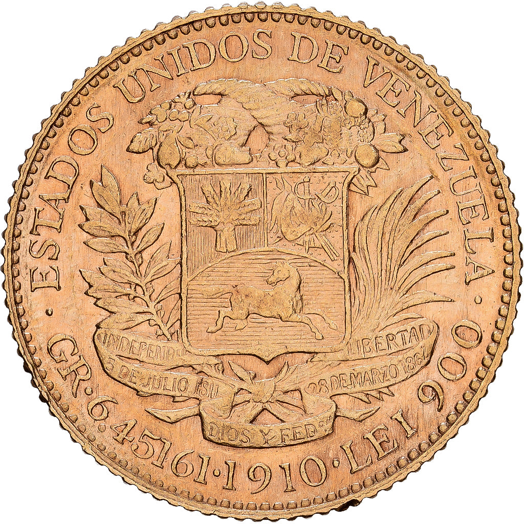 Venezuela, Gr 6.4516, 20 Bolivares, 1910, Gold, EF(40-45), KM:32