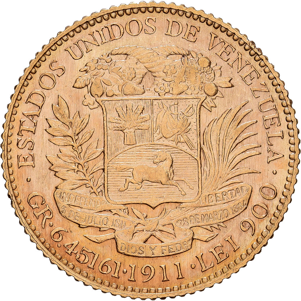 Coin, Venezuela, Gr 6.4516, 20 Bolivares, 1911, AU(55-58), Gold, KM:32