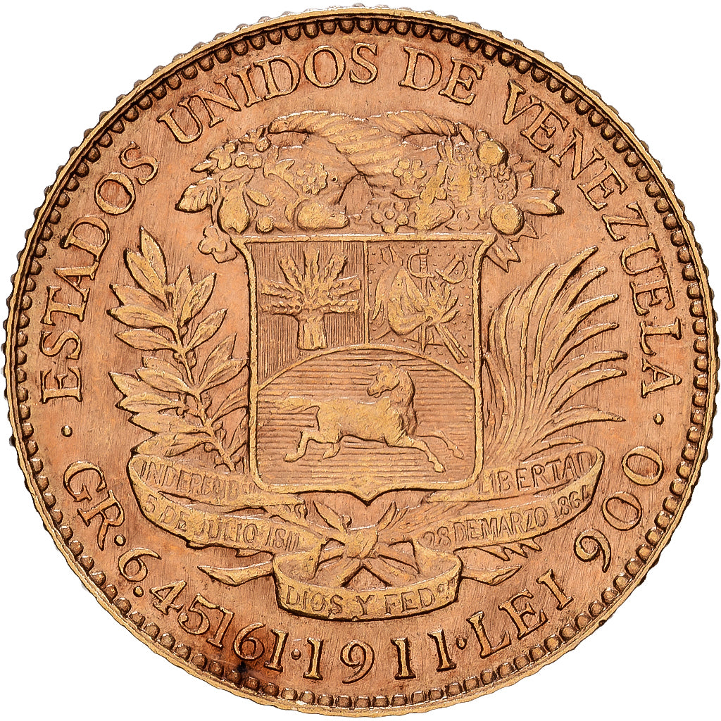 Coin, Venezuela, Gr 6.4516, 20 Bolivares, 1911, AU(55-58), Gold, KM:32
