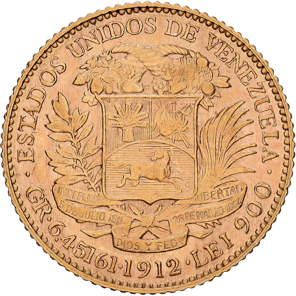 Venezuela, Gr 6.4516, 20 Bolivares, 1912, Gold, SS+, KM:32