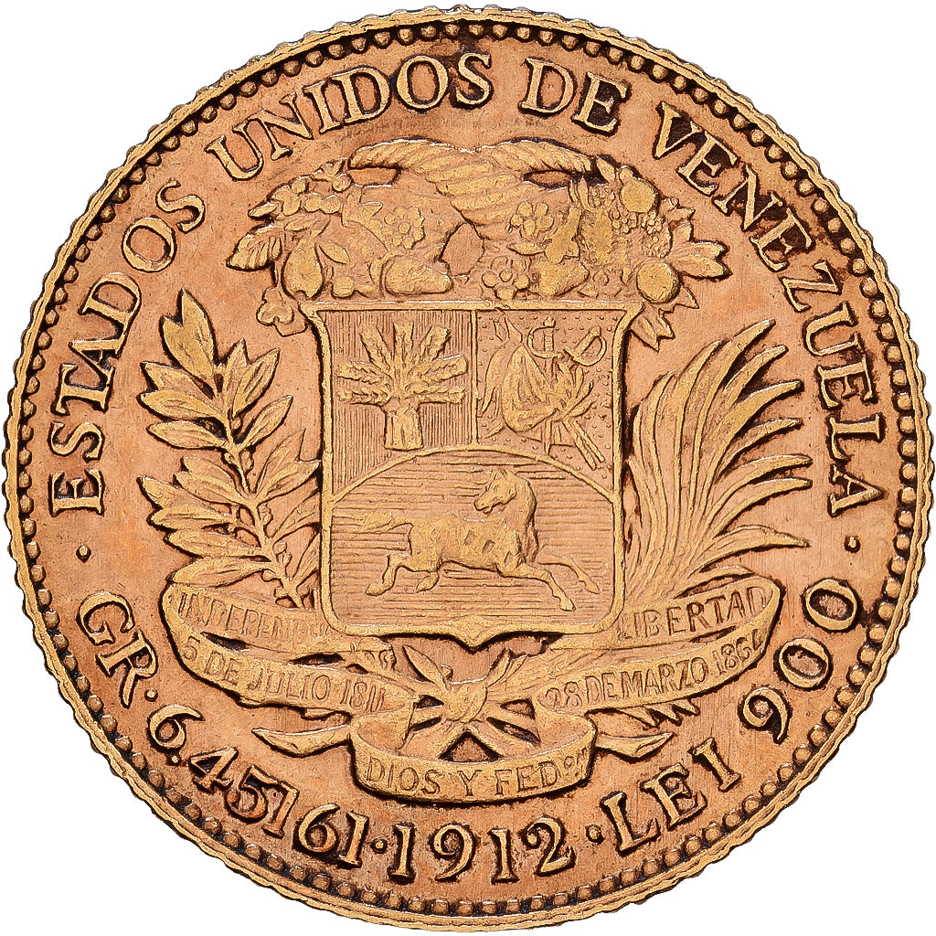 Venezuela, Gr 6.4516, 20 Bolivares, 1912, Gold, EF(40-45), KM:32