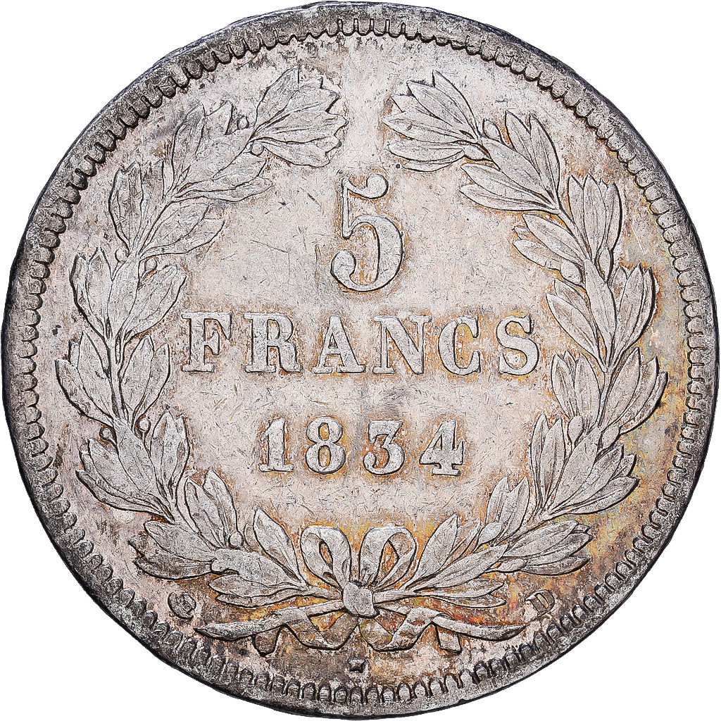 France, 5 Francs, Louis-Philippe, 1834, Lyon, Silver, EF(40-45), Gadoury:678