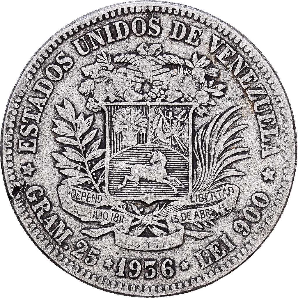Moneta, Venezuela, Gram 25, 5 Bolivares, 1936, MB+, Argento, KM:24.2