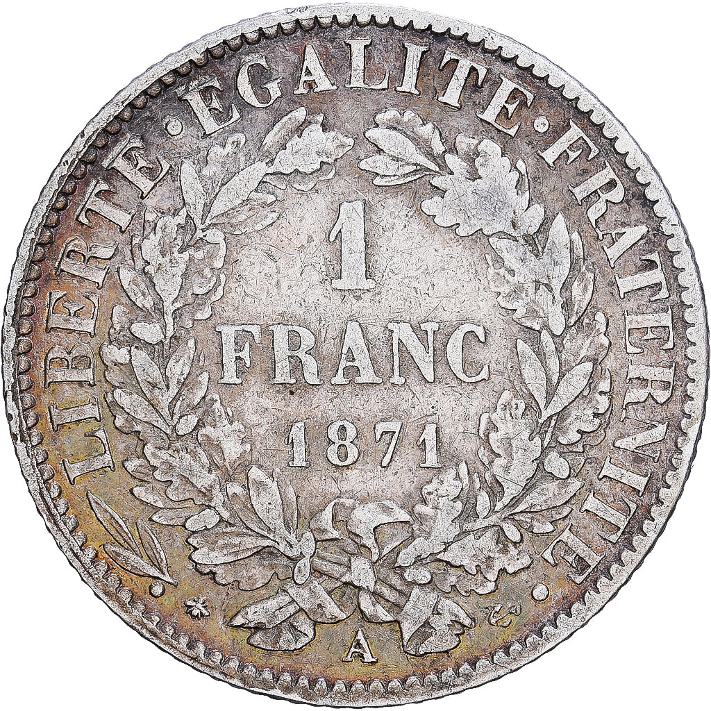 Moneta, Francia, Cérès, Franc, 1871, Paris, BB+, Argento, KM:822.1