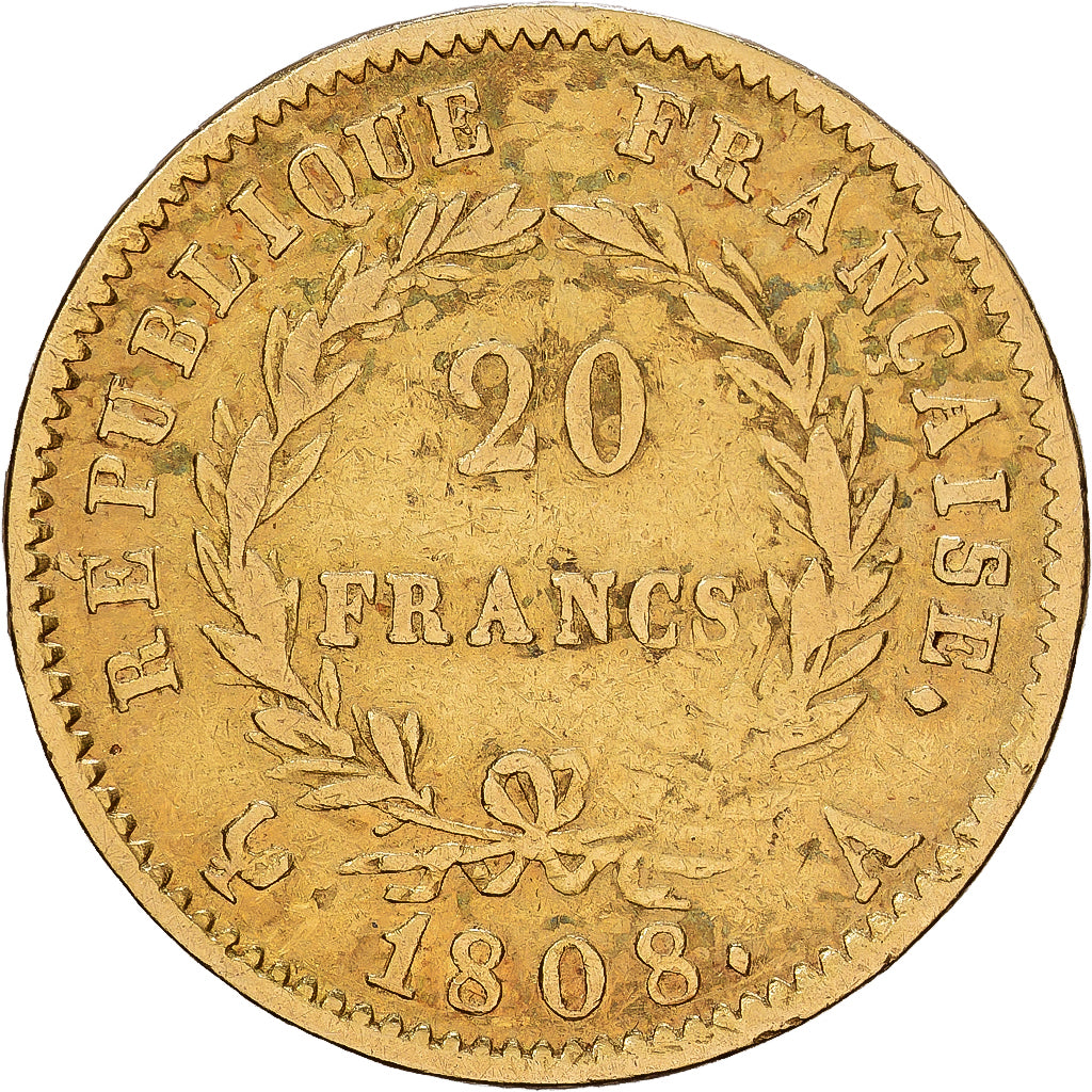 FRANCE, Napoléon I, 20 Francs, 1808, Paris, KM #687.1, VF(20-25), Gold, Gadoury
