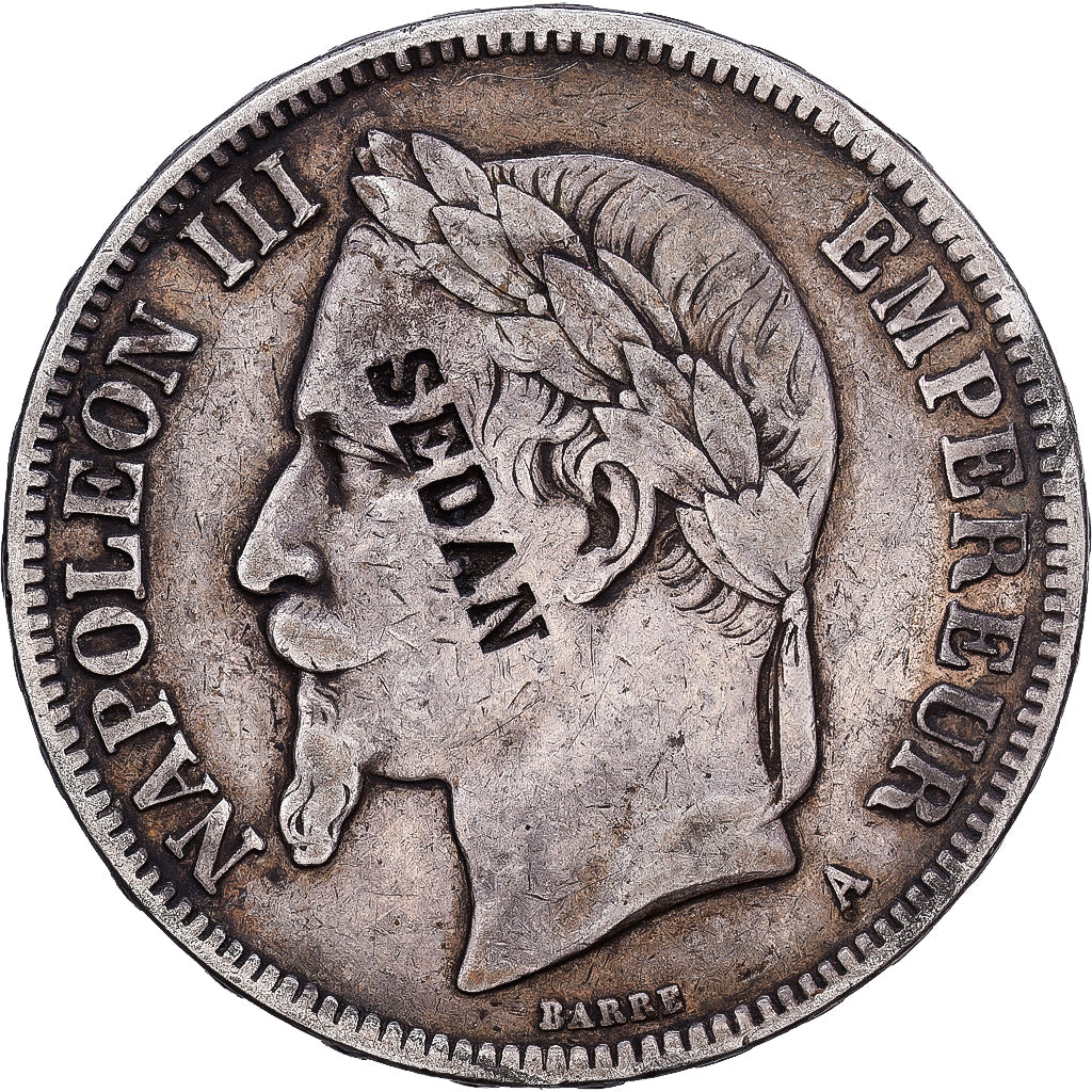 France, Napoleon III, 5 Francs, 1870, Paris, Contremarque SEDAN, Silver