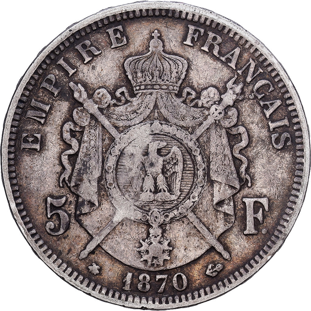 France, Napoleon III, 5 Francs, 1870, Paris, Contremarque SEDAN, Silver