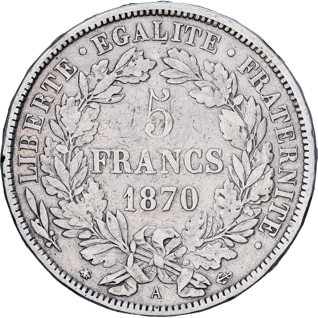 France, Cérès, 5 Francs, 1870, Paris, VF(30-35), Silver, KM:818.1, Gadoury:742