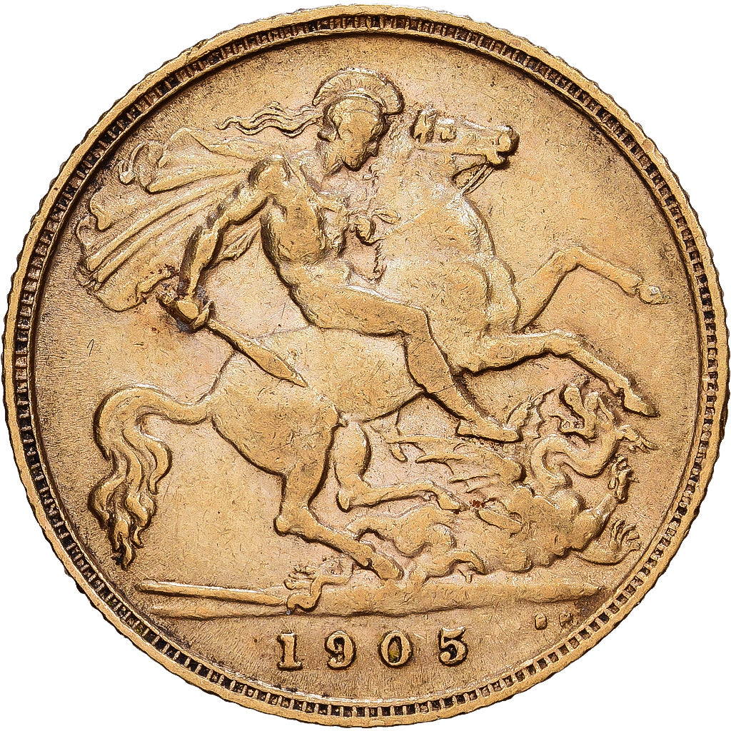 GREAT BRITAIN, 1/2 Sovereign, 1905, KM #804, EF(40-45), Gold, 3.96