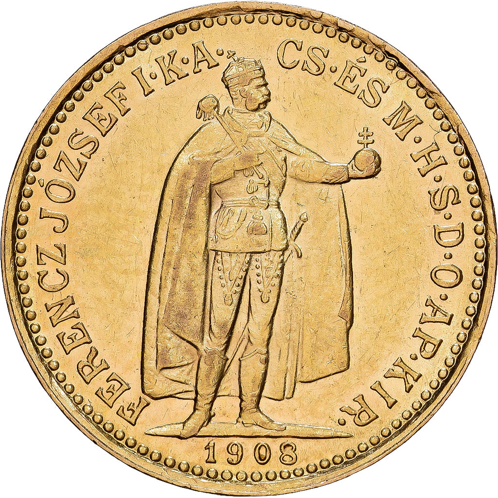 HUNGARY, 10 Korona, 1908, Kormoczbanya, KM #485, AU(55-58), Gold, 3.37