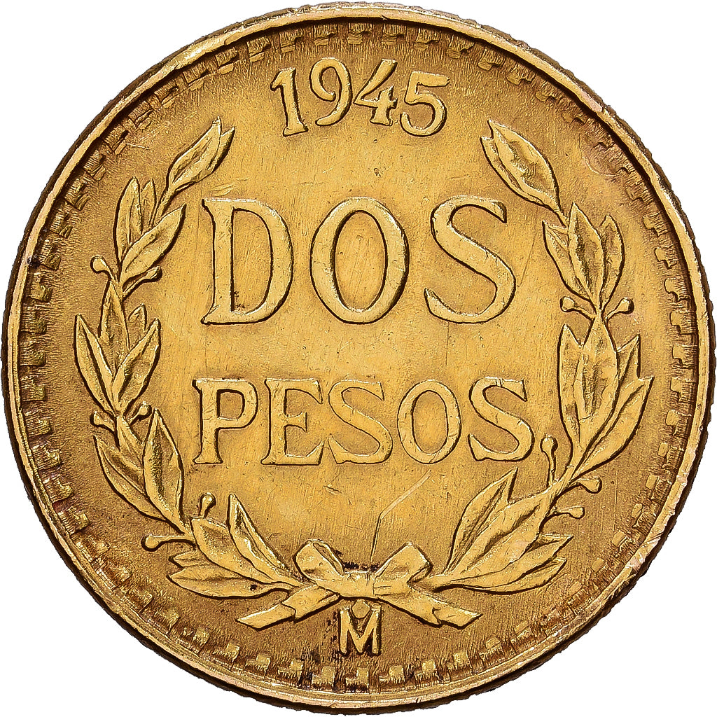 Mexico, 2 Pesos, 1945, Mexico City, Gold, AU(55-58), KM:461