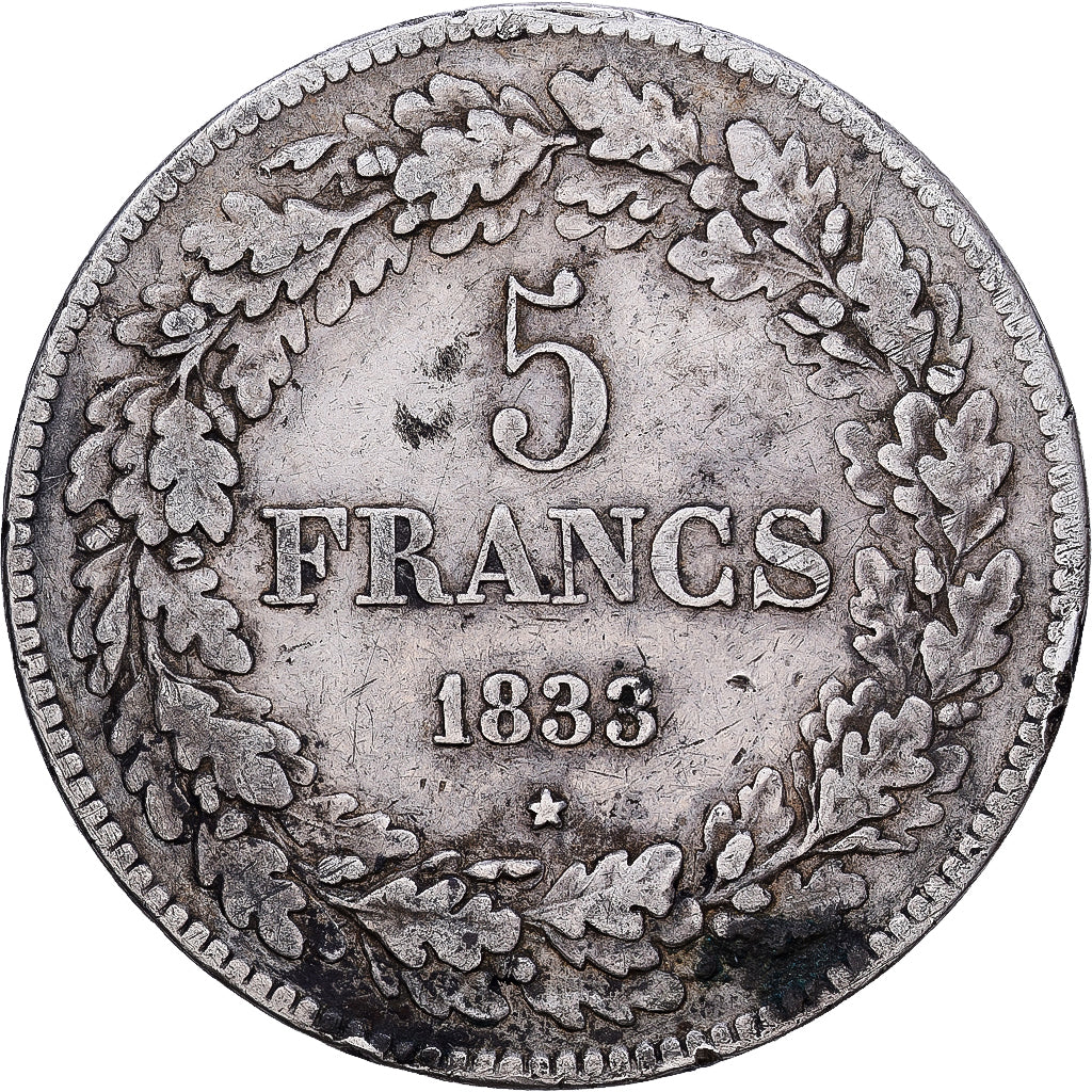 België, Leopold I, 5 Francs, 1833, Brussels, Tranche B, Zilver, FR+, KM:3.1