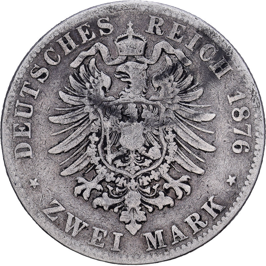 German States, 2 Mark, 1876, Stuttgart, KM #265, VF(20-25), Silver, 10.88