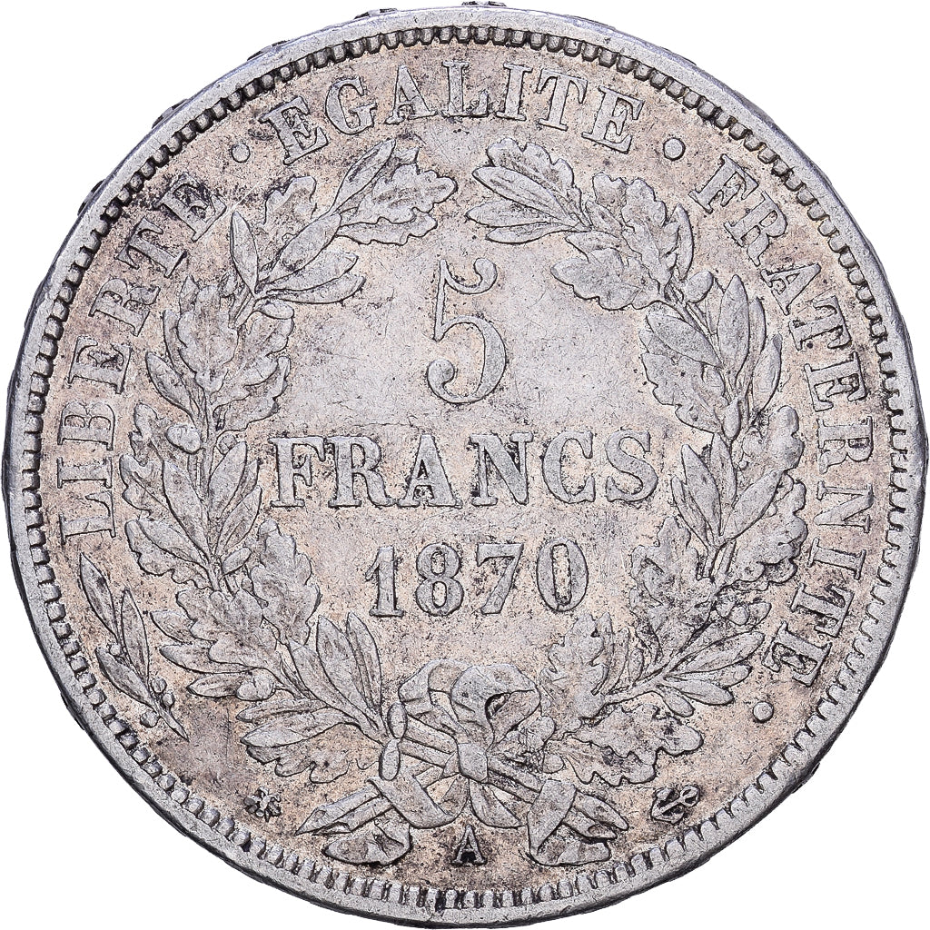 Moneda, Francia, Cérès, 5 Francs, 1870, Paris, MBC, Plata, KM:819, Gadoury:743