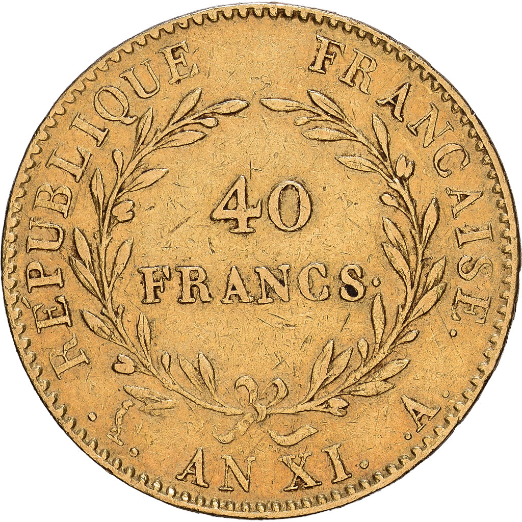 France, Napoleon I, 40 Francs, An XI, Paris, Without olive, Gold, EF(40-45)