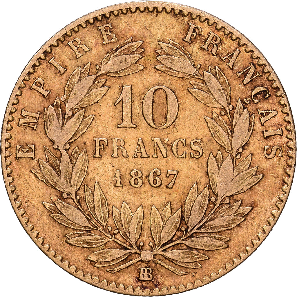 France, Napoleon III, 10 Francs, 1865, Strasbourg, Gold, VF(30-35)
