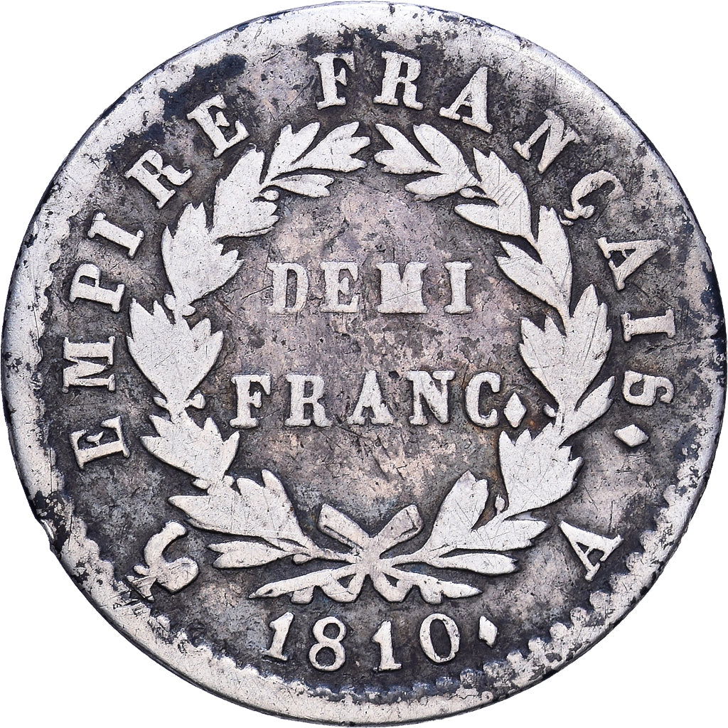 FRANCE, Napoléon I, 1/2 Franc, 1810, Paris, KM #691.1, VF(30-35), Silver, Gadour