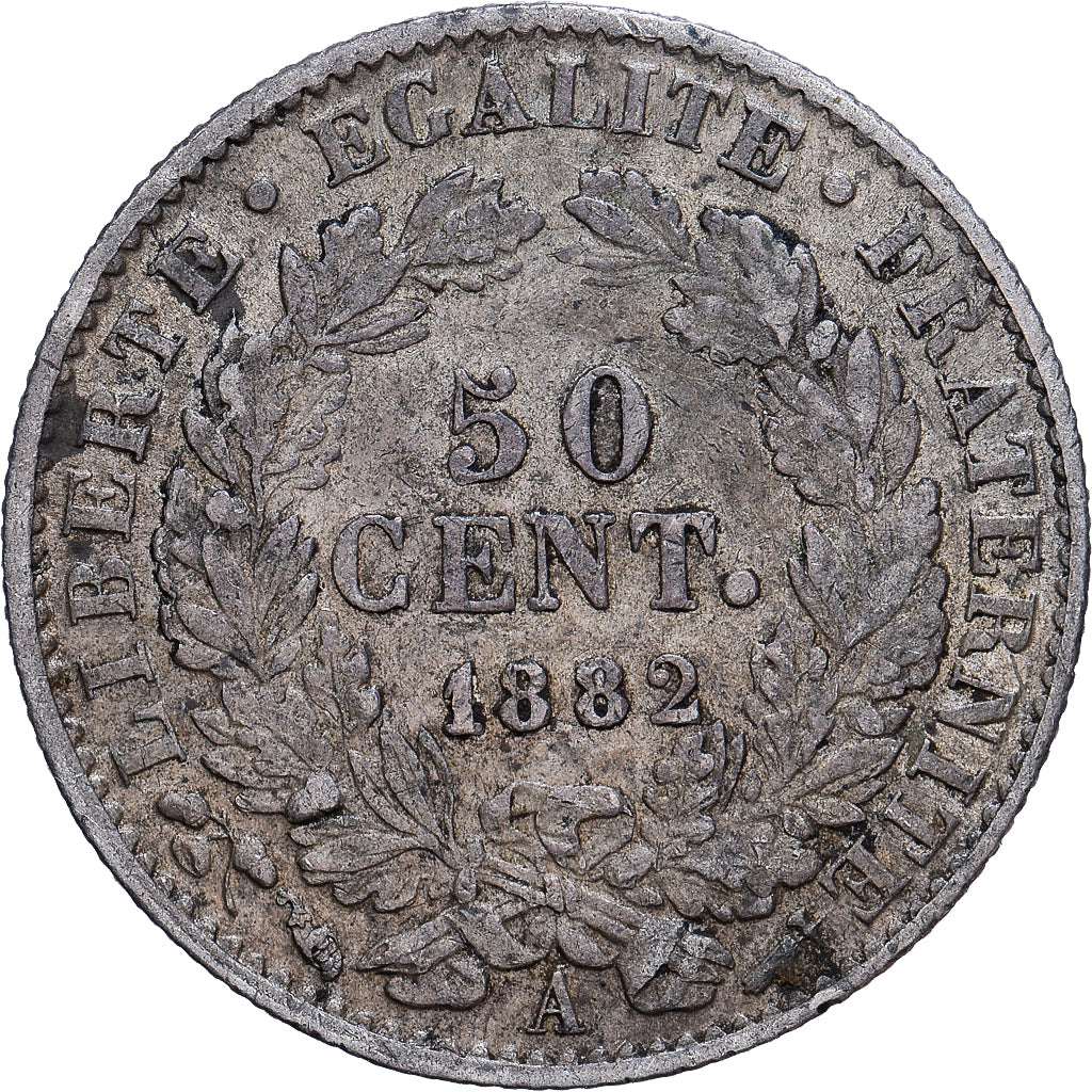 France, Cérès, 50 Centimes, 1882, Paris, TB, Argent, KM:834.1, Gadoury:419a