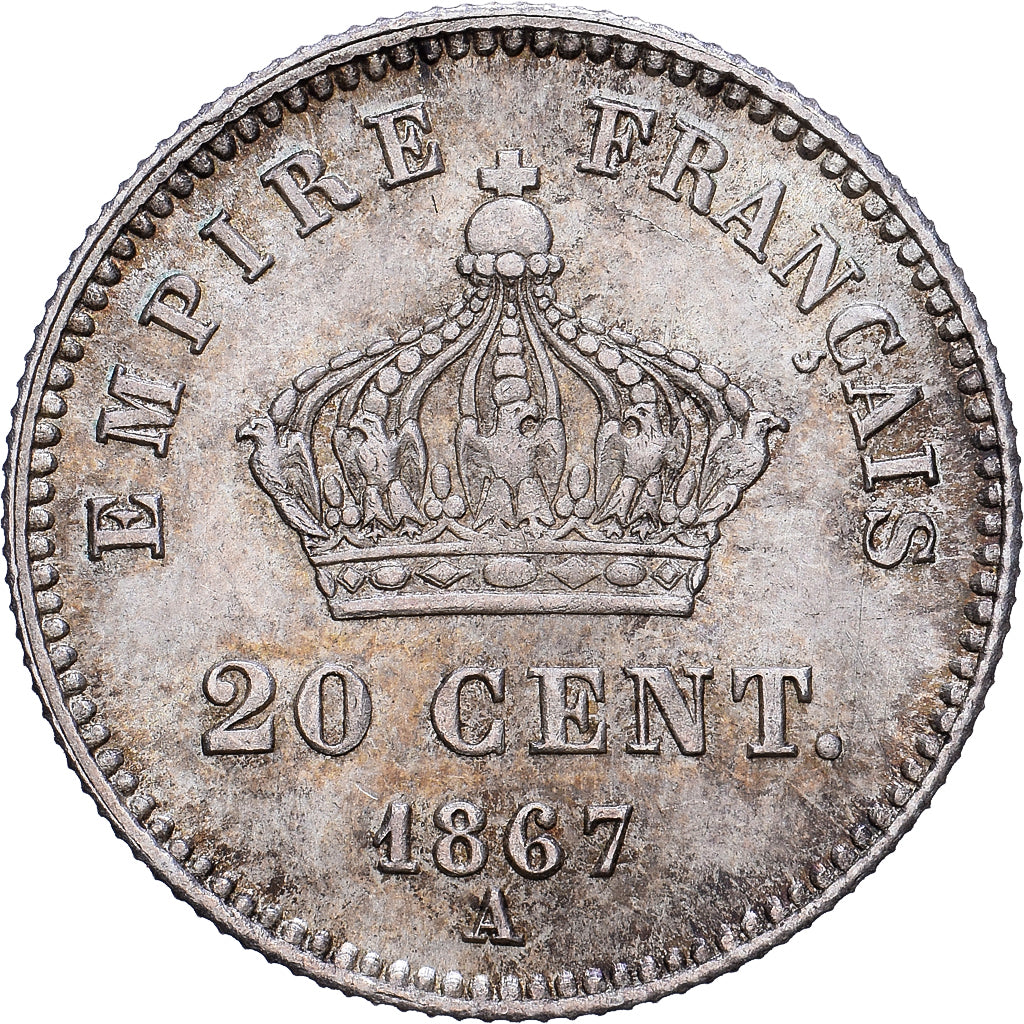 France,Napoleon III,20 Centimes,1867,Paris,VF(30-35),Silver,KM 808.1,Gadoury 309