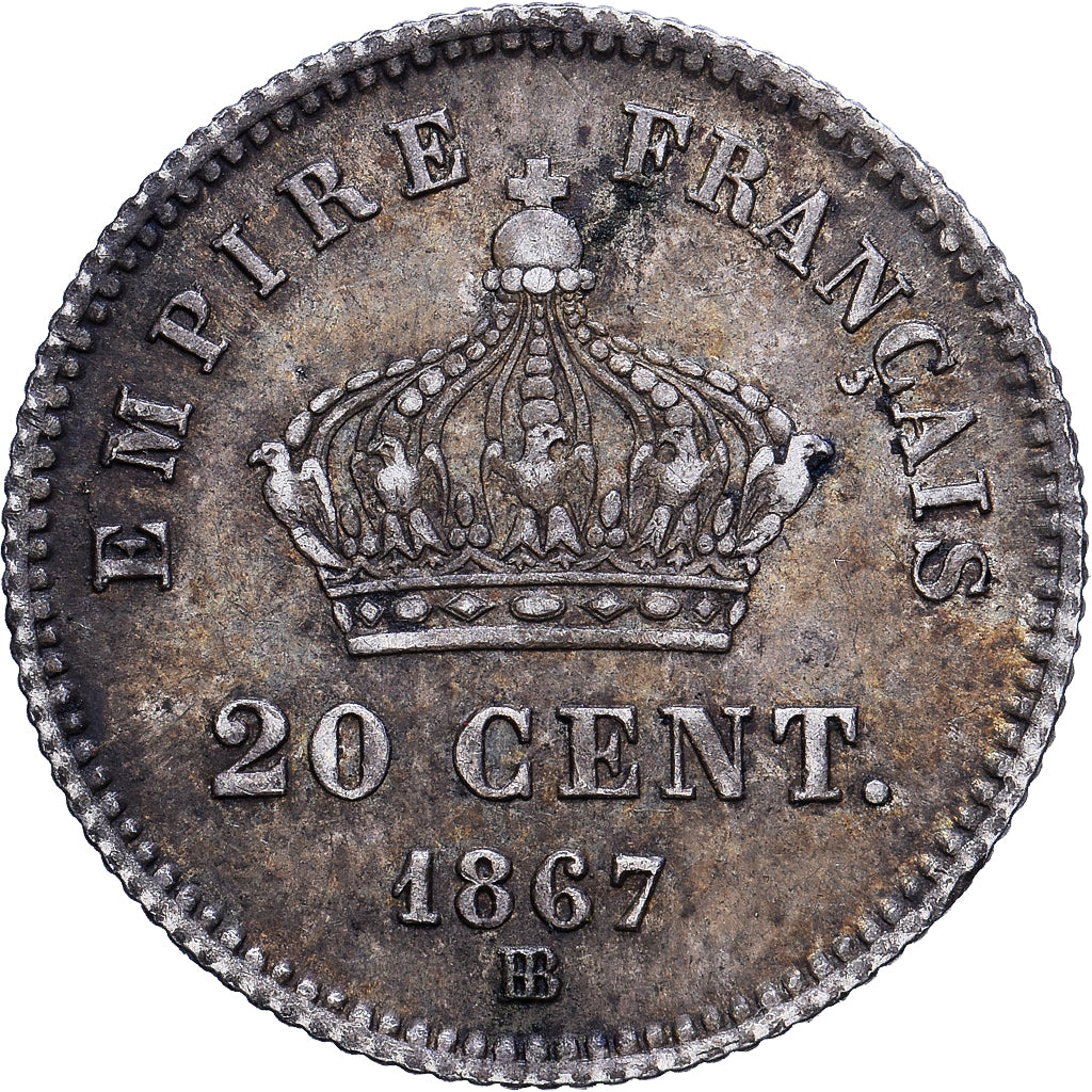 Frankrijk, Napoleon III, 20 Centimes, 1867, Strasbourg, ZF, Zilver, KM:808.2, Le