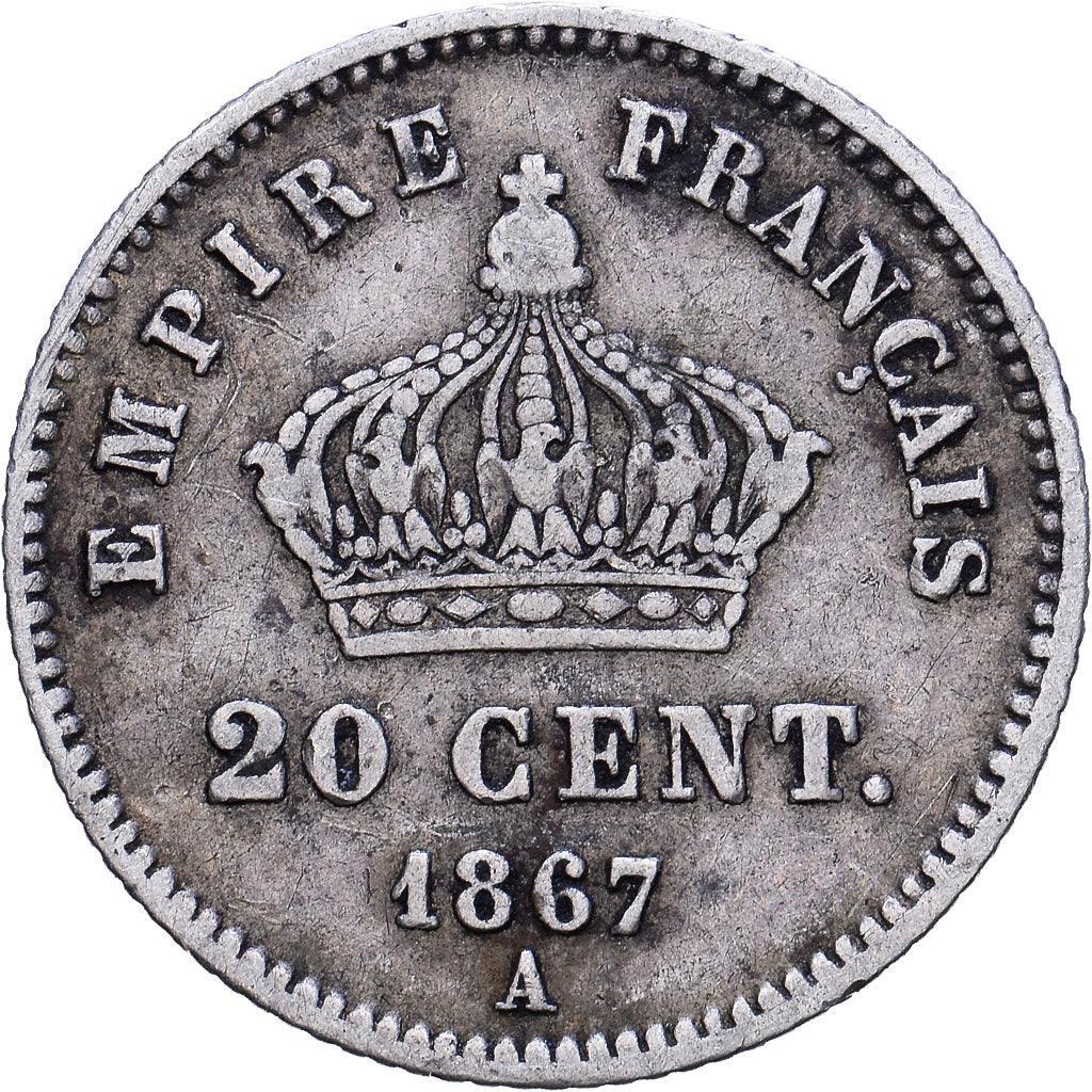 France,Napoleon III,20 Centimes,1867,Paris,VF(30-35),Silver,KM 808.1,Gadoury 309