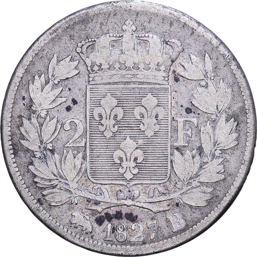 Moeda, França, Charles X, 2 Francs, 1827, Rouen, VF(20-25), Prata, KM:725.2