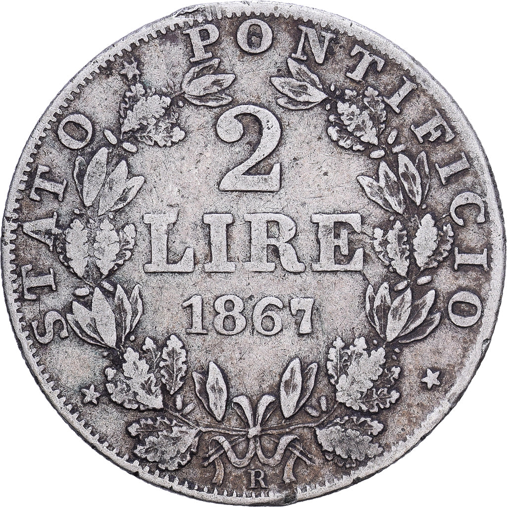 Italien Staaten, PAPAL STATES, Pius IX, 2 Lire, 1867, Rome, Silber, S+