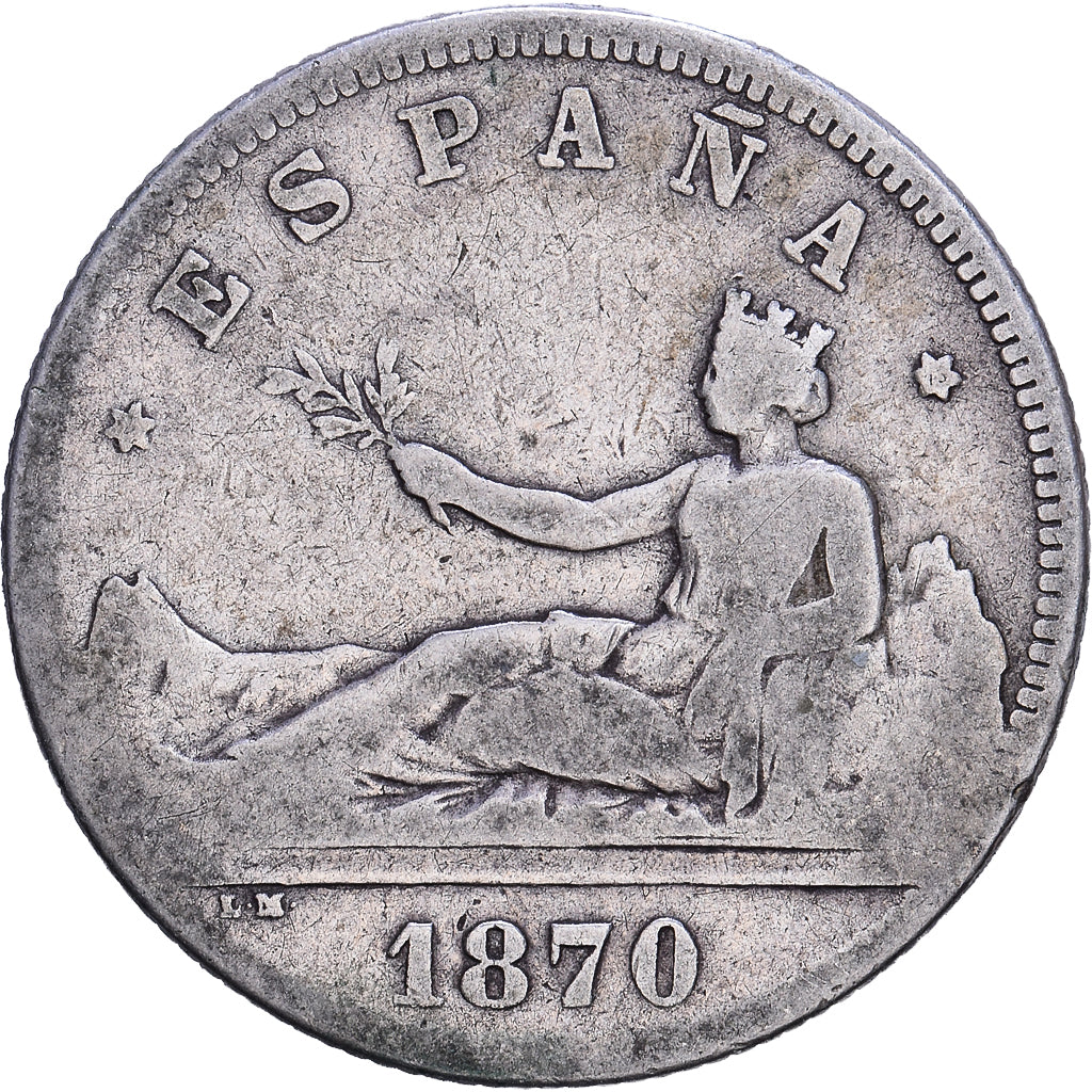 Espanha, Provisional Government, 2 Pesetas, 1870, Madrid, Prata, VF(30-35)