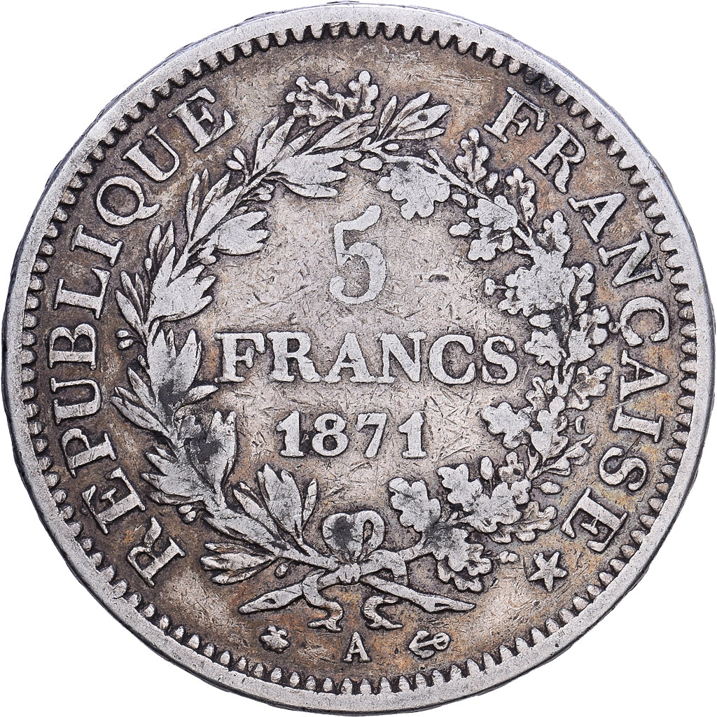 France, Hercule, 5 Francs, 1871, Paris, VF(30-35), Silver, KM:820.1, Gadoury:745