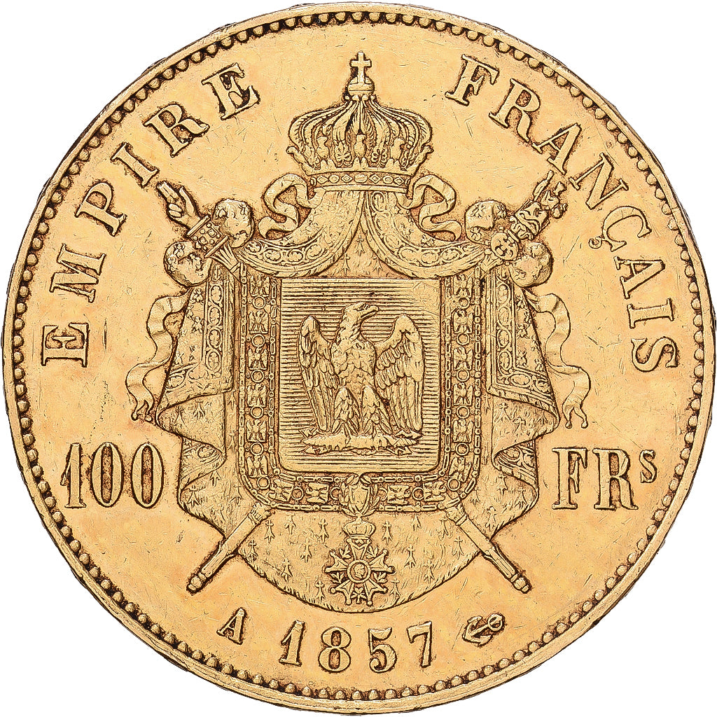 France, Napoleon III, 100 Francs, 1857, Paris, AU(50-53), Gold, KM 786.1
