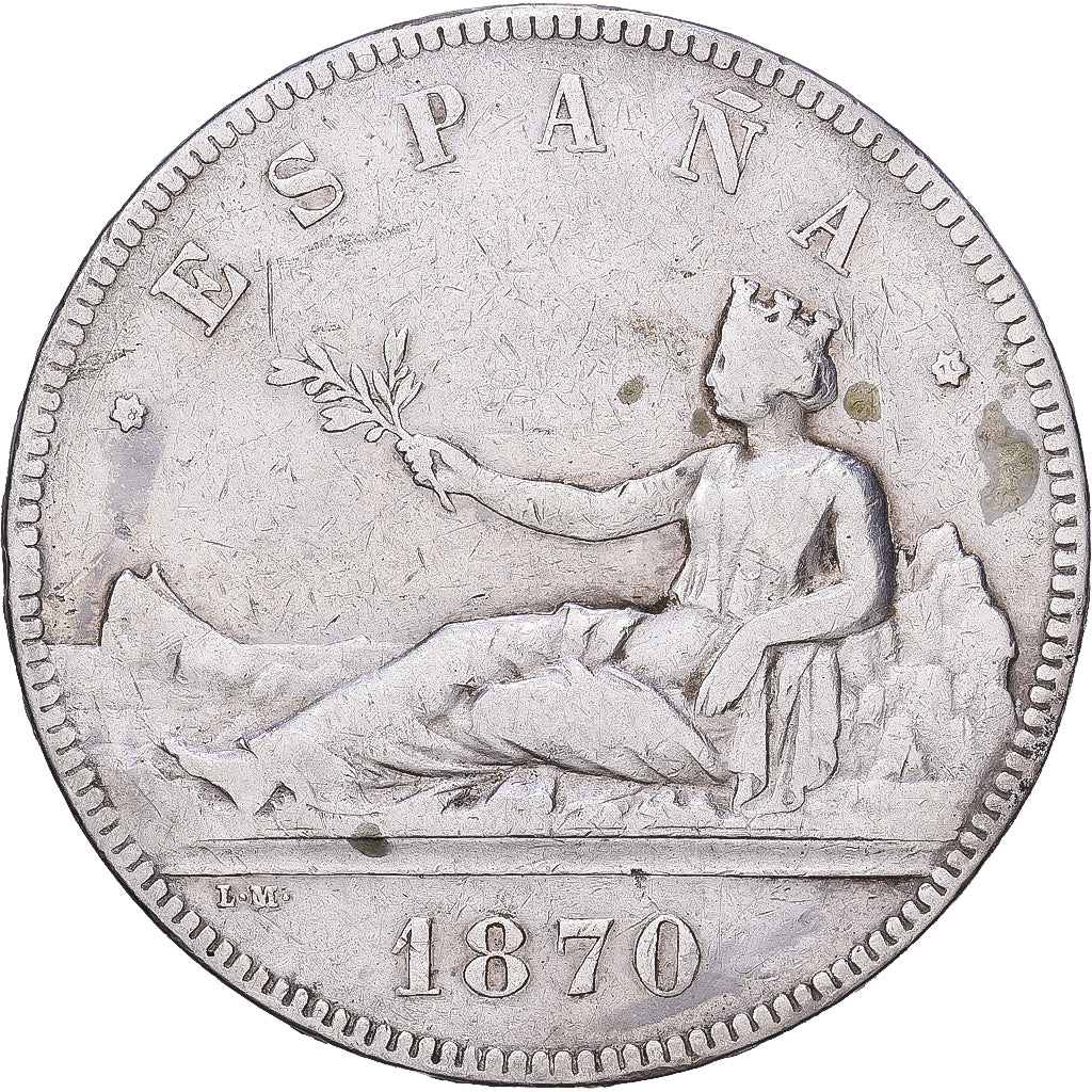 Hiszpania, Provisional Government, 5 Pesetas, 1870, Madrid, Srebro, VF(30-35)