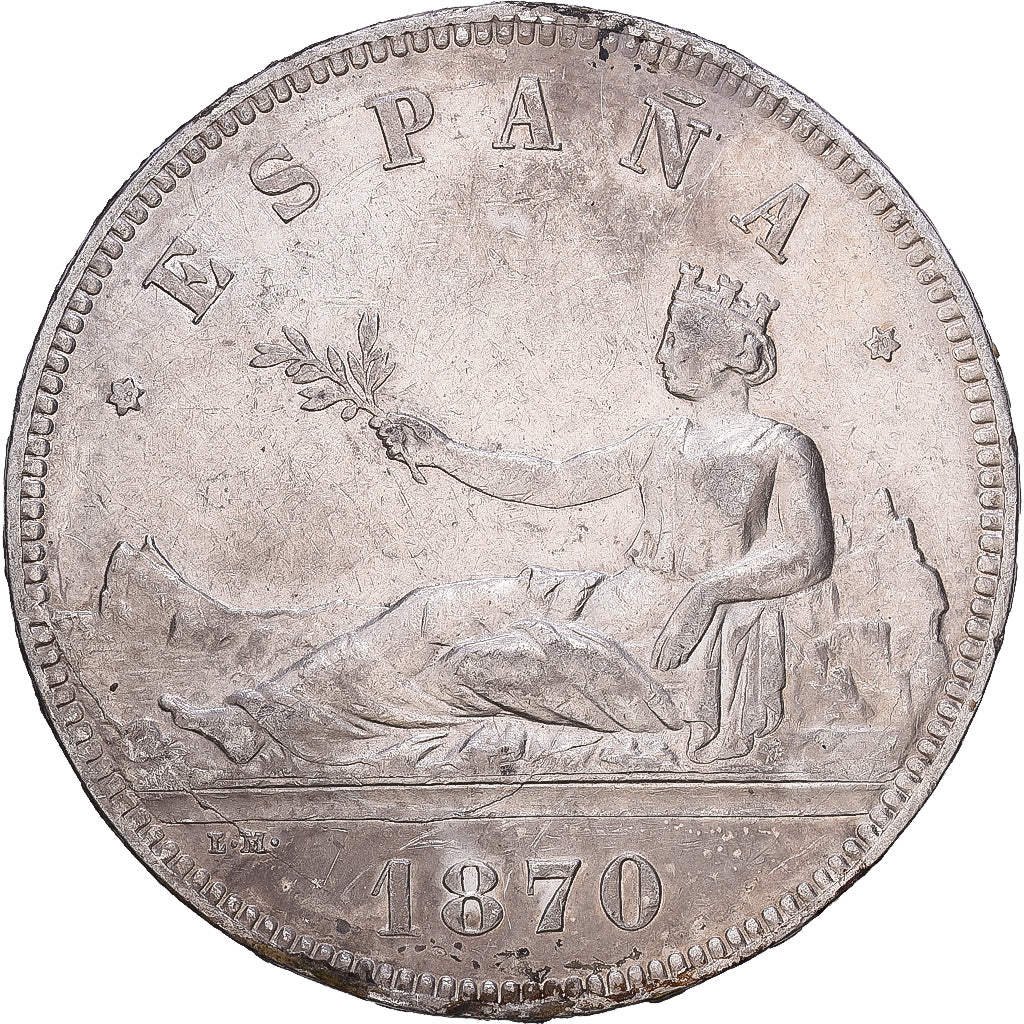Spain, Provisional Government, 5 Pesetas, 1870, Madrid, Silver, VF(30-35)
