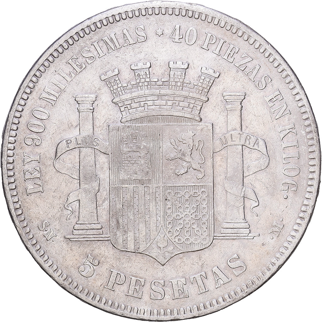 España, Provisional Government, 5 Pesetas, 1870, Madrid, Plata, BC+, KM:655