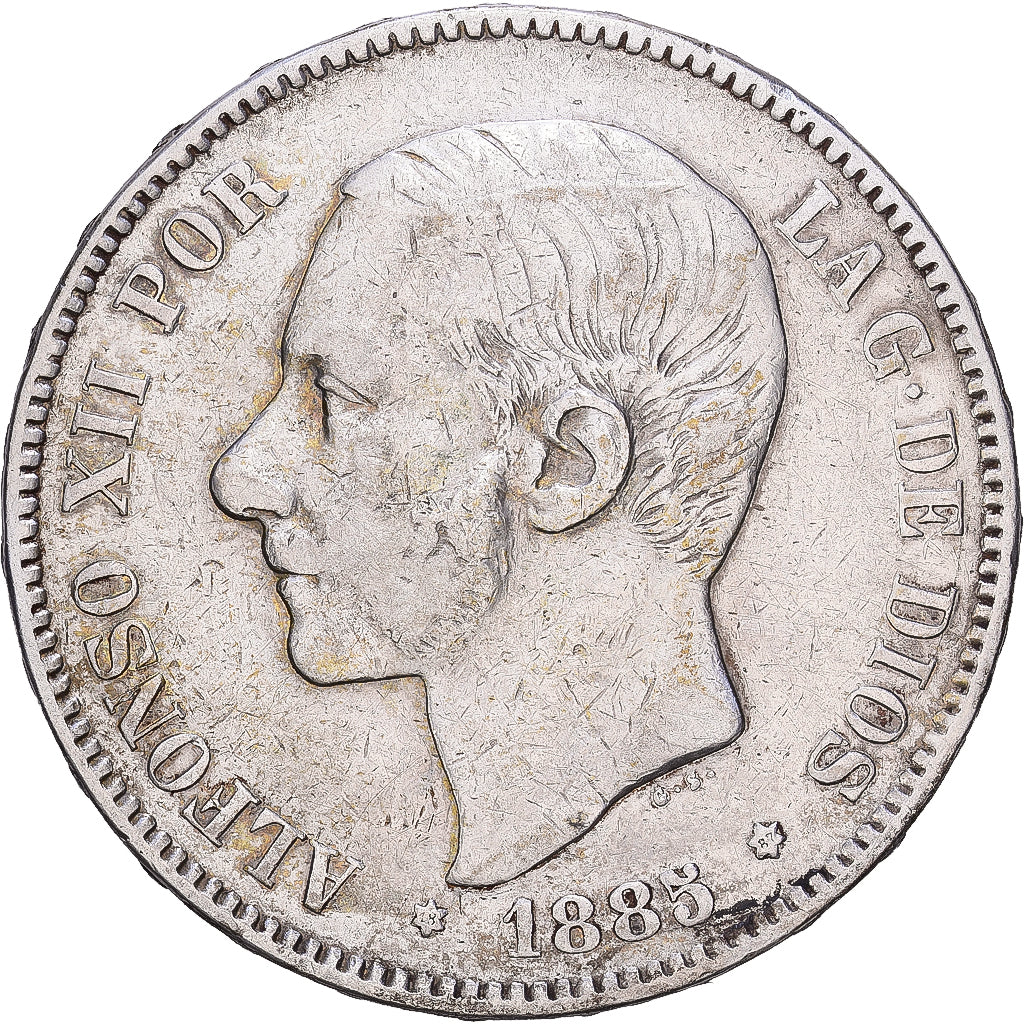 Spanien, Alfonso XII, 5 Pesetas, 1885 (87), Madrid, Silber, S+, KM:688