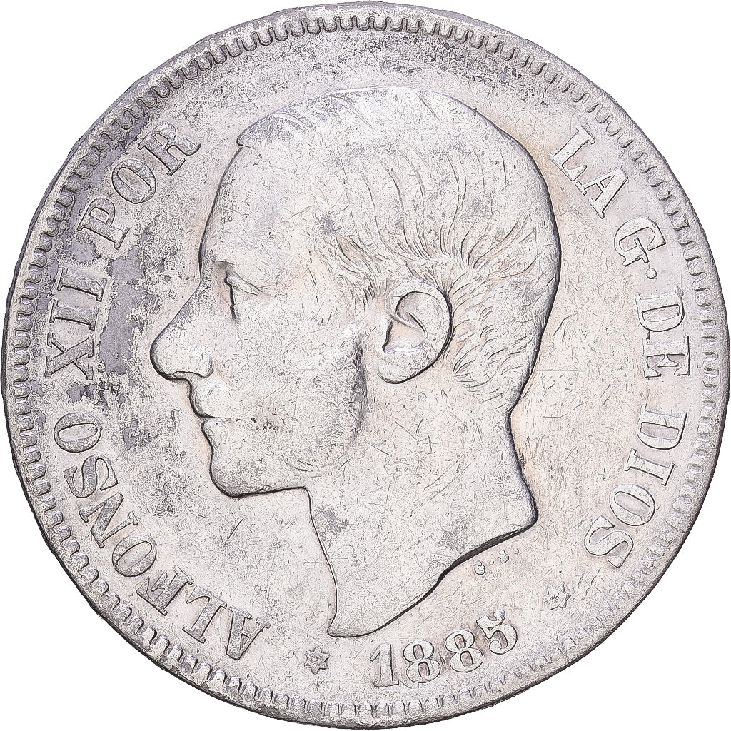 Hiszpania, Alfonso XII, 5 Pesetas, 1885, Madrid, Srebro, VF(30-35), KM:688
