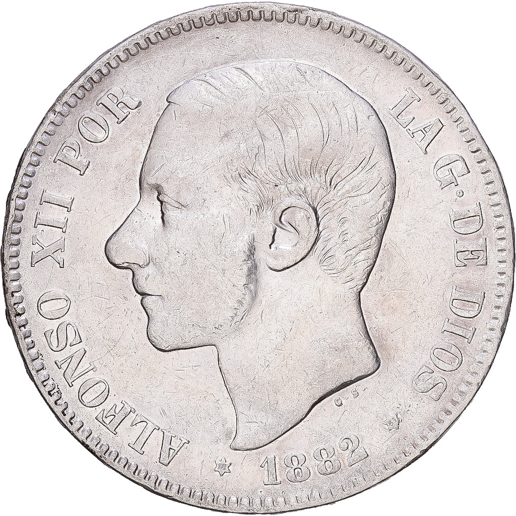 España, Alfonso XII, 5 Pesetas, 1882, Madrid, Plata, BC+, KM:688