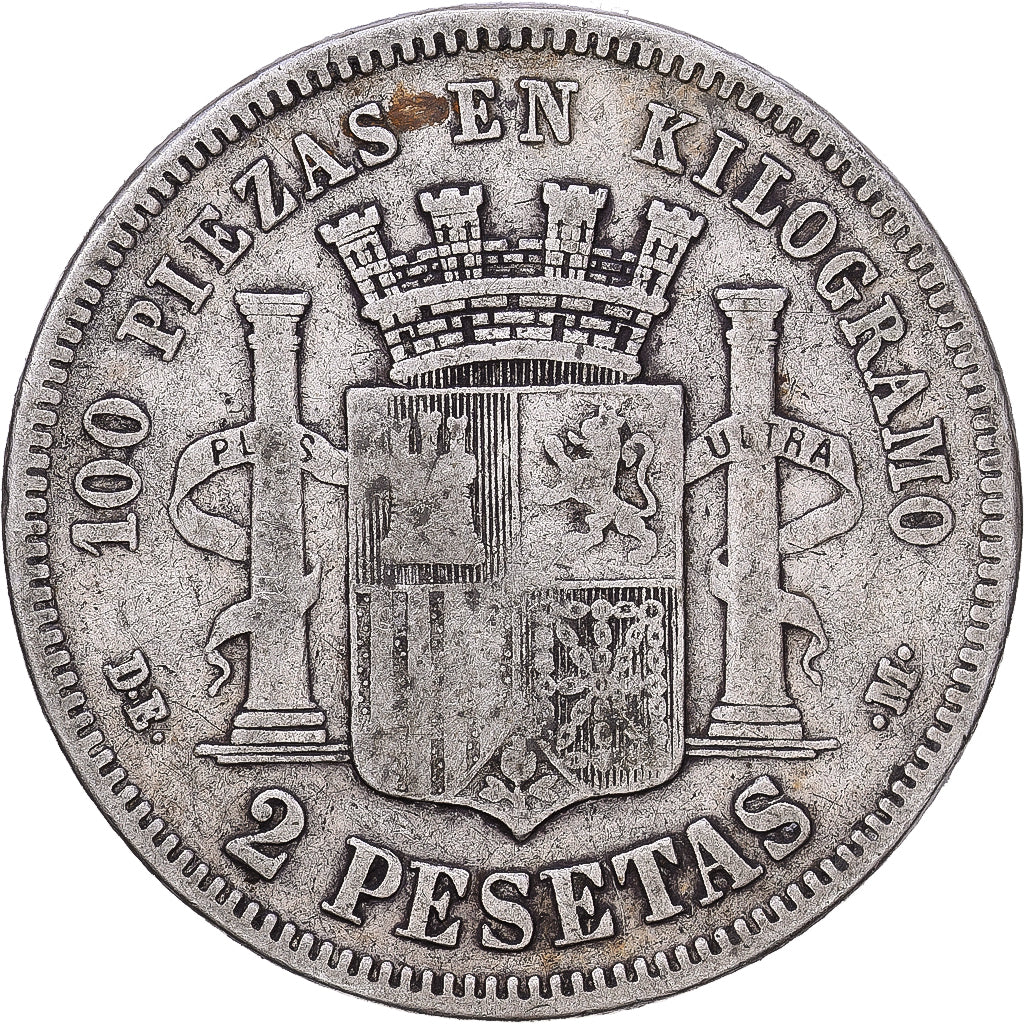 Spain, Provisional Government, 2 Pesetas, 1870, Madrid, EF(40-45), Silver