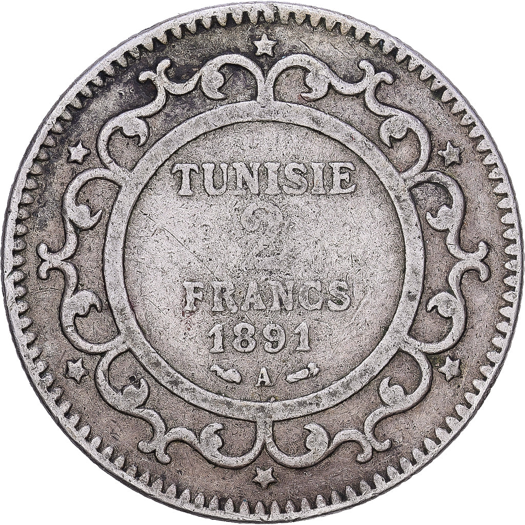 Münze, Tunesien, Ali Bey, 2 Francs, 1891, Paris, SS, Silber, KM:225