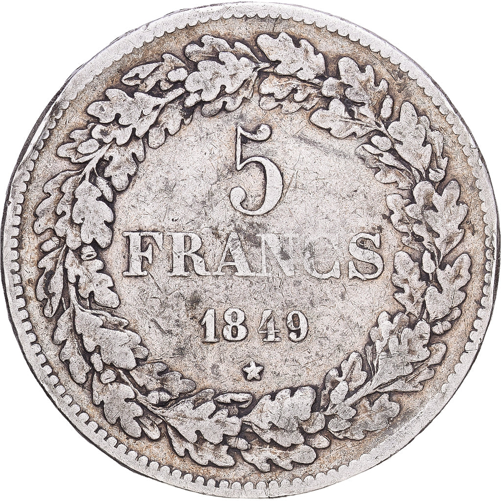 Belgia, Leopold I, 5 Francs, 1849, Brussels, Tranche A, VF(30-35), Srebro, KM:3