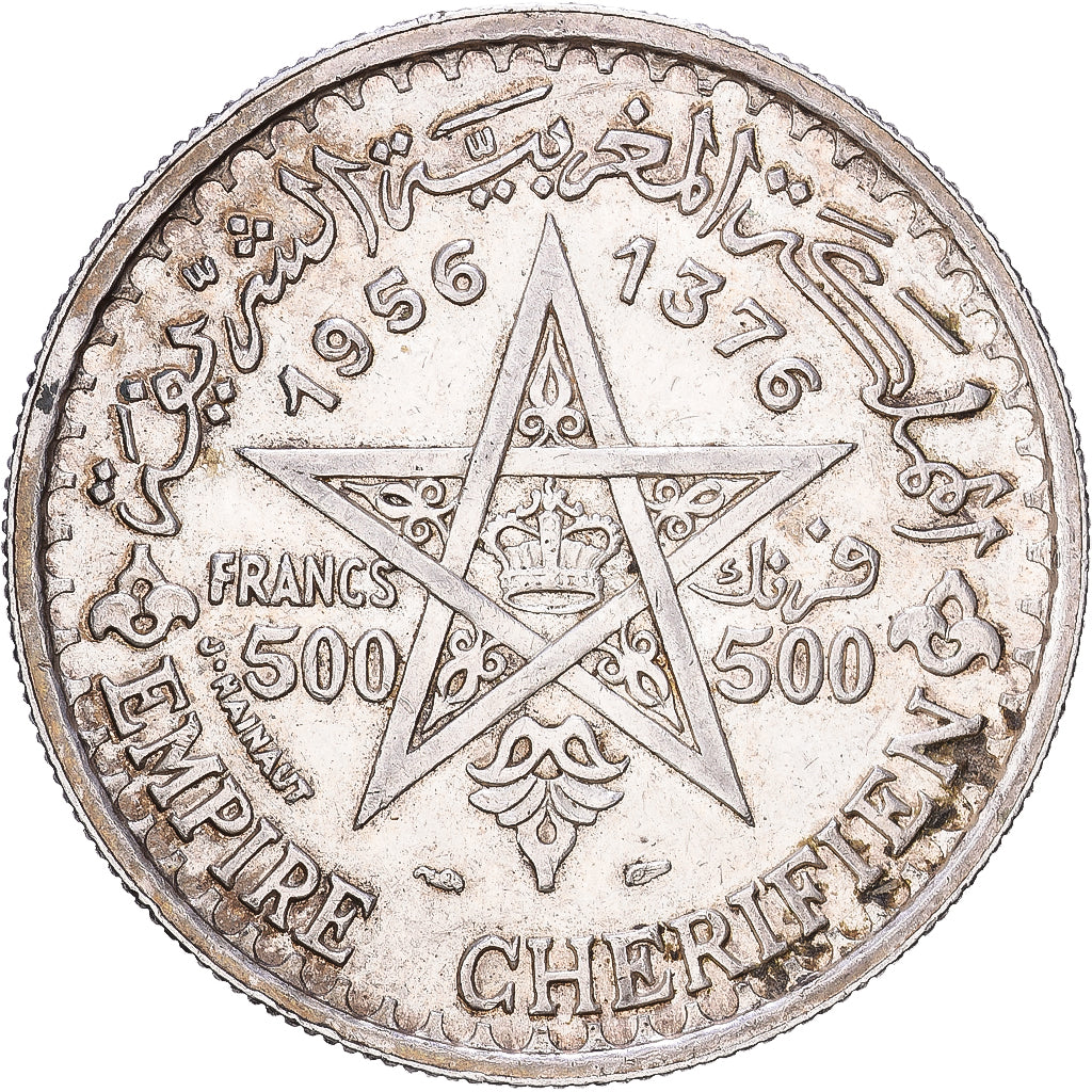 Morocco, Mohammed V, 500 Francs, AH 1376 (1956), Paris, Silver, AU(50-53)