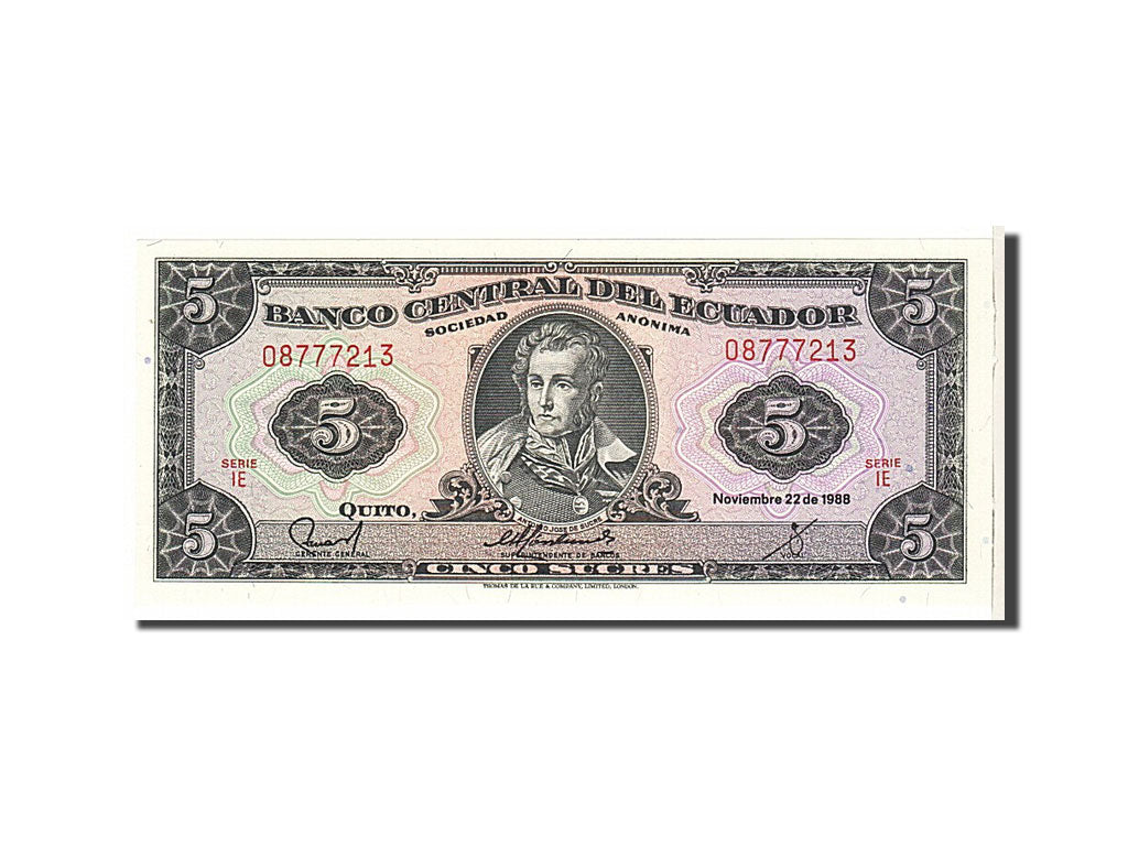 Banknote, Ecuador, 5 Sucres, 1988, KM:113d, UNC(65-70)