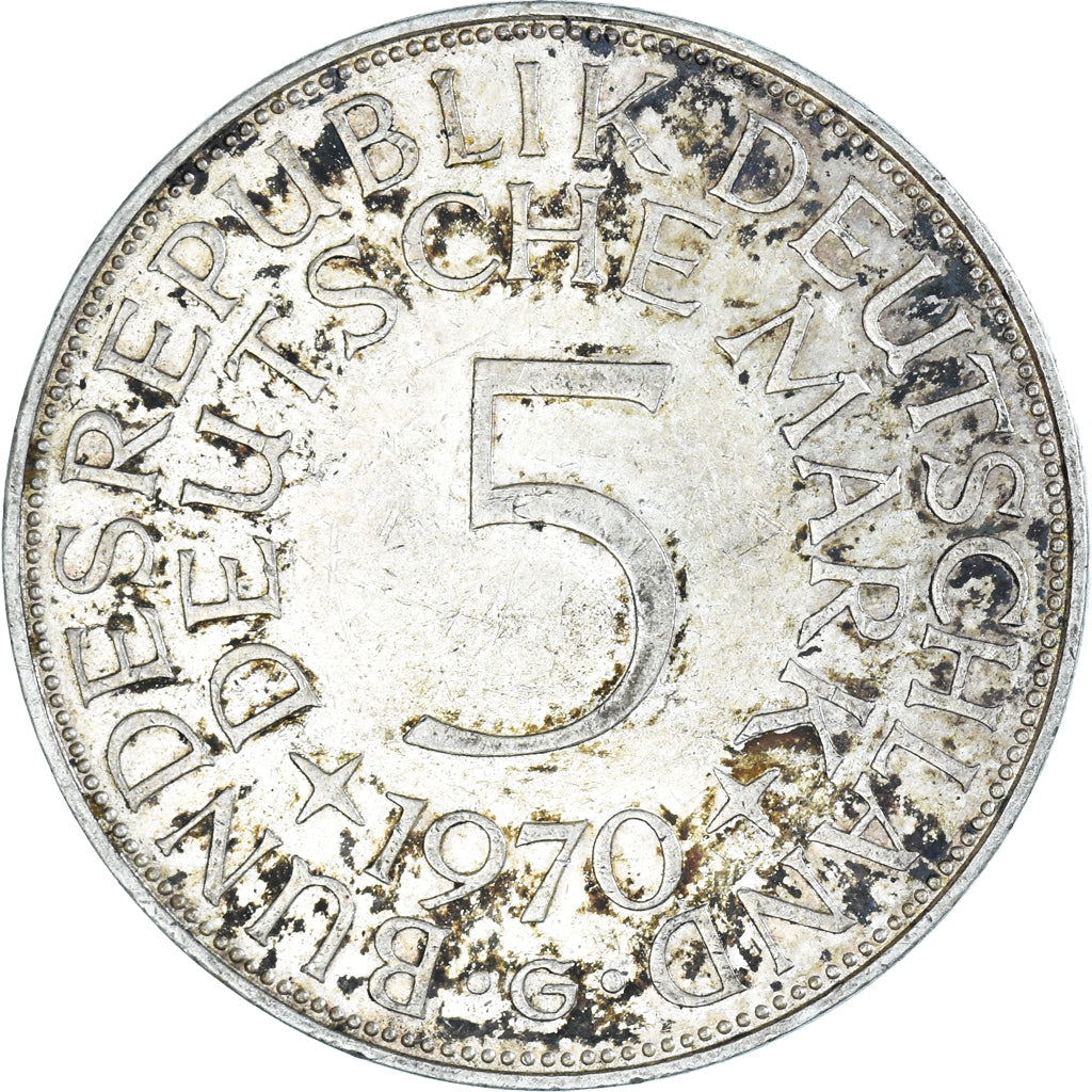 Coin, GERMANY - FEDERAL REPUBLIC, 5 Mark, 1970, Karlsruhe, EF(40-45), Silver