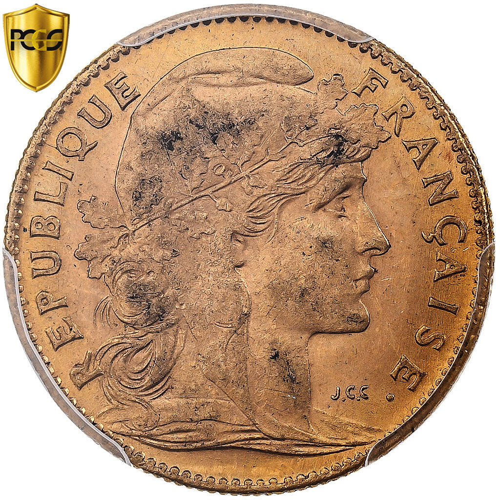 Francja, 10 Francs, Marianne, 1907, Paris, Złoto, PCGS, MS62, Gadoury:1017