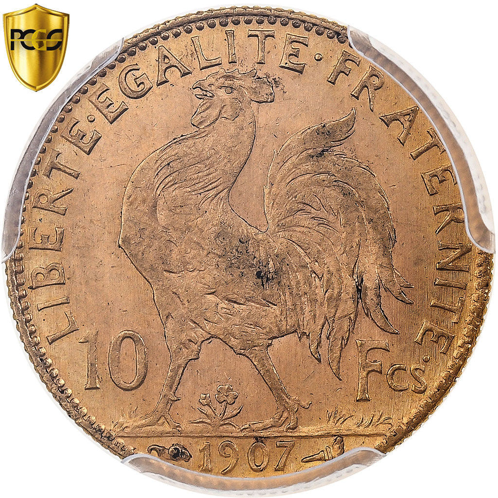 Francja, 10 Francs, Marianne, 1907, Paris, Złoto, PCGS, MS62, Gadoury:1017