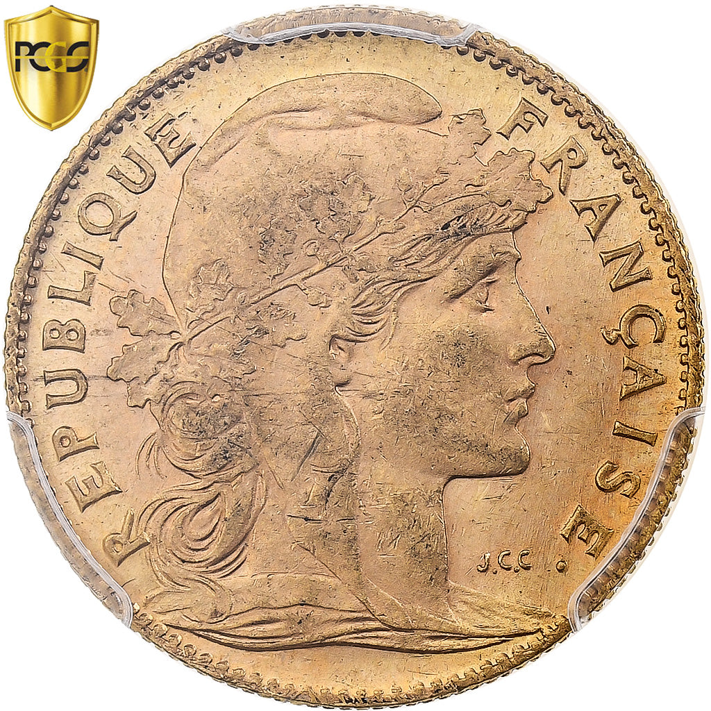 France, 10 Francs, Marianne, 1909, Paris, Gold, PCGS, MS(60-62), Le Franc:F.509