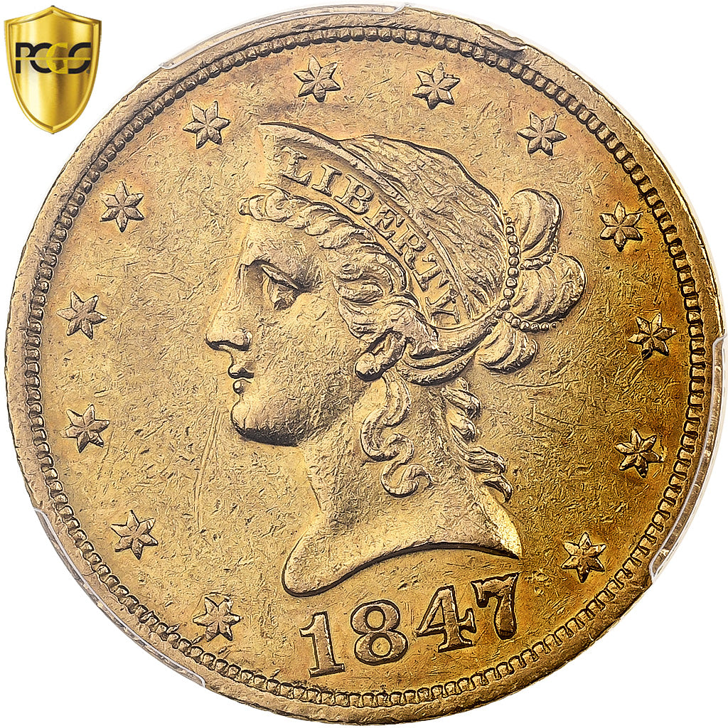 United States, 10 Dollars, Coronet Head, 1847, New Orleans, Gold, PCGS, AU53