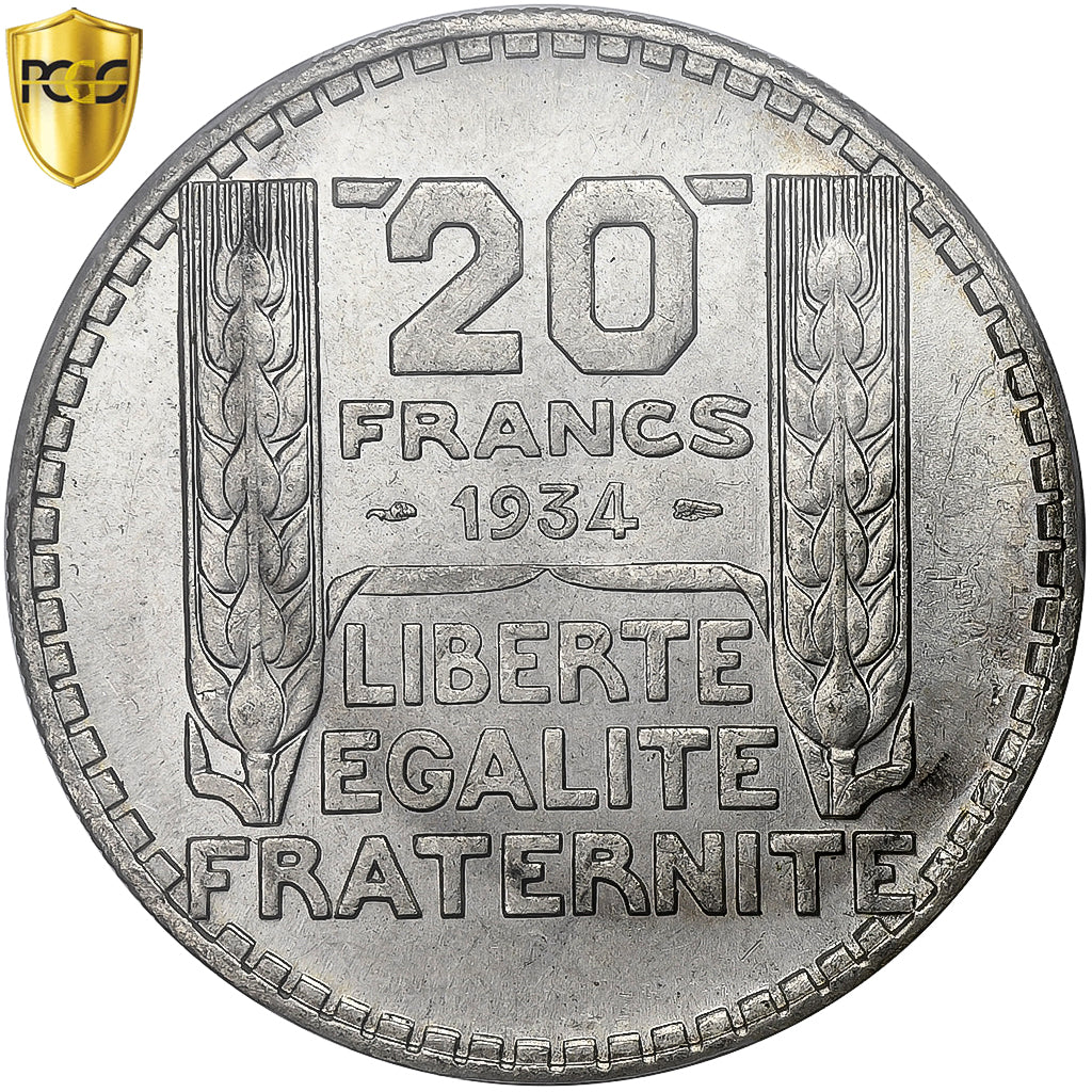 Francja, 20 Francs, Turin, 1934, Paris, Srebro, PCGS, MS(63), Le Franc:F.400