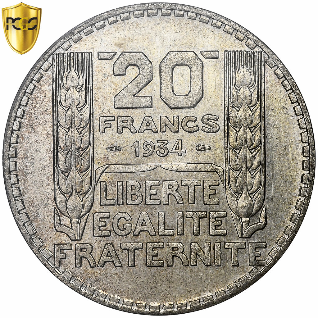 Frankrijk, 20 Francs, Turin, 1934, Paris, Zilver, PCGS, UNC-, Le Franc:F.400