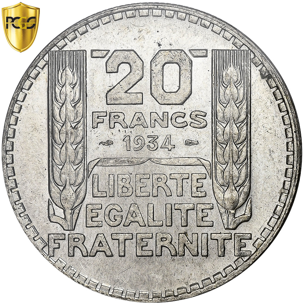 Francja, 20 Francs, Turin, 1934, Paris, Srebro, PCGS, MS(63), Le Franc:F.400