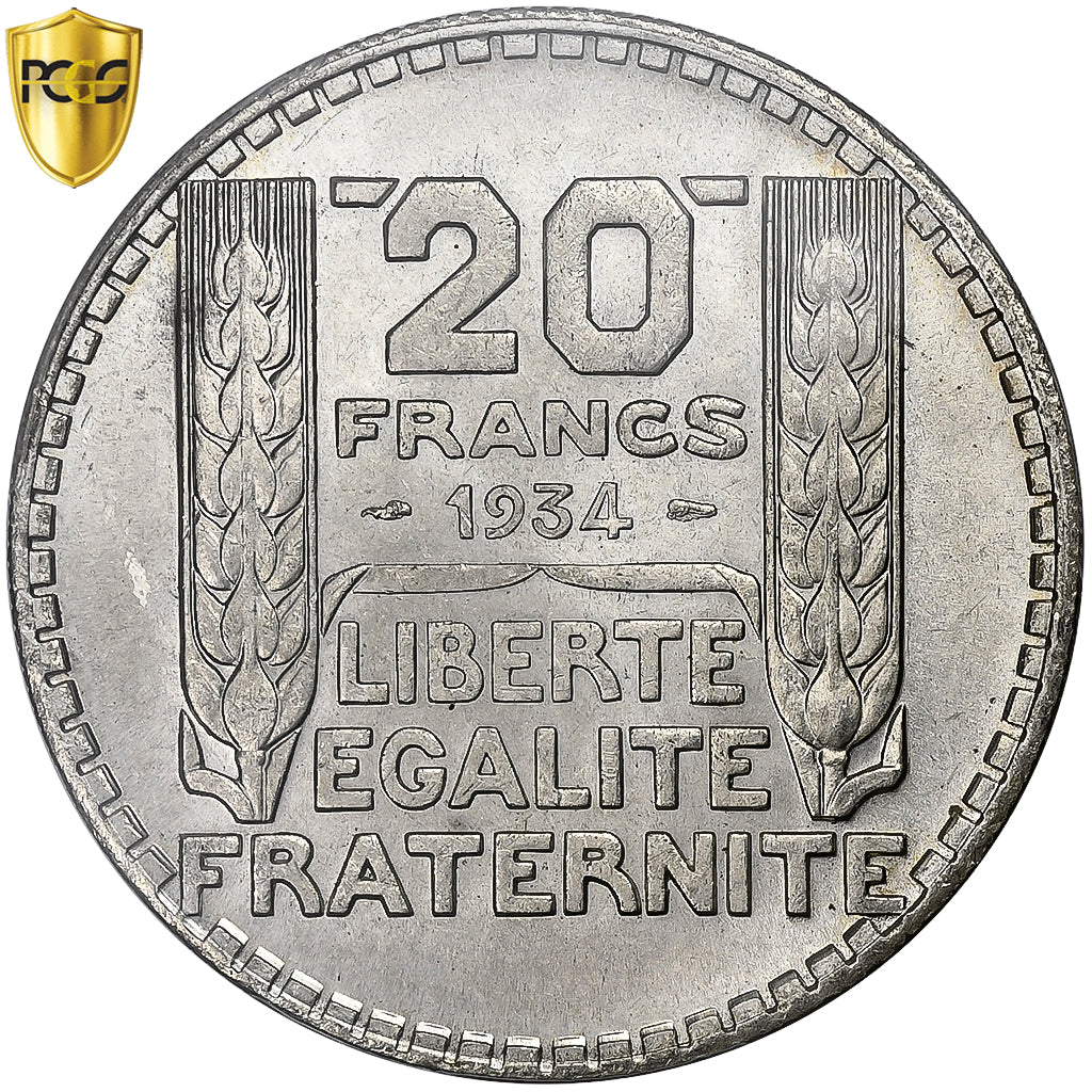 Francja, 20 Francs, Turin, 1934, Paris, Srebro, PCGS, MS(64), Le Franc:F.400